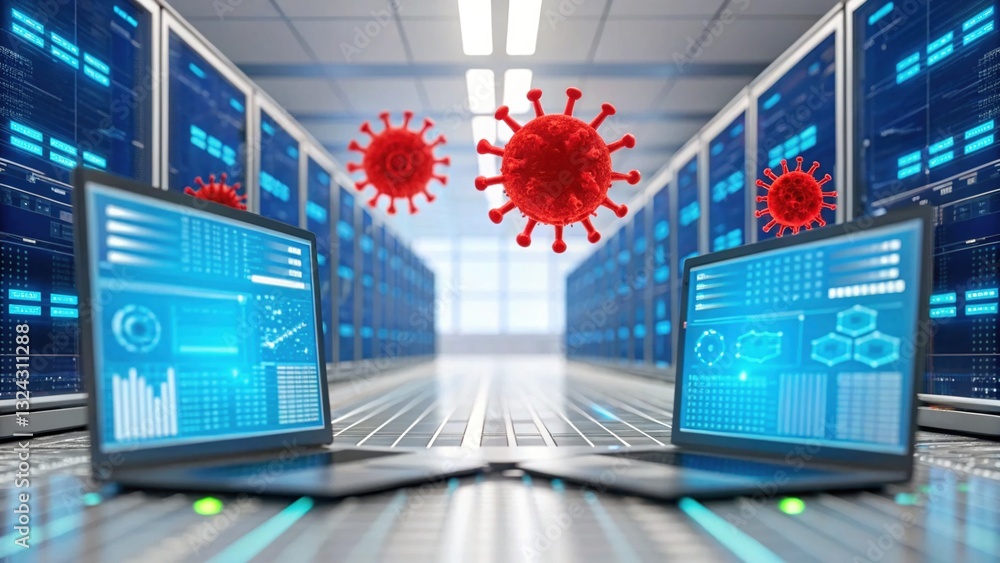 Aufkleber cybersecurity data breach concept, digital data security with virus threat in server room