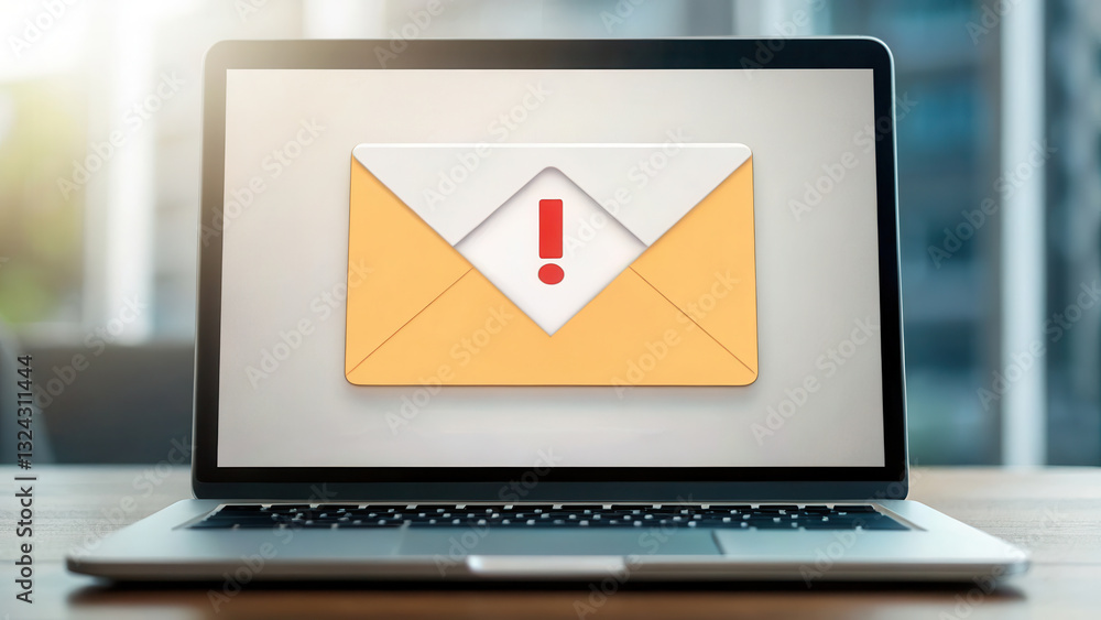 Poster cybersecurity best practices concept. a laptop displays an alert email icon, symbolizing digital com