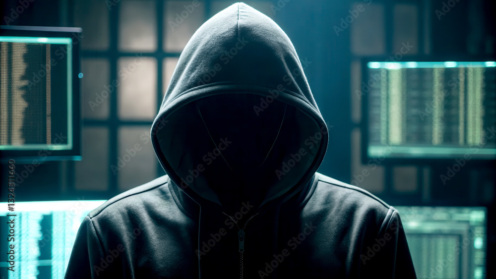 Poster cybersecurity best practices concept. mysterious figure in a hooded sweatshirt surrounded by compute