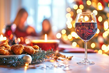 Naklejka premium Warm dining atmosphere with wine glass and festive treats during holiday gathering