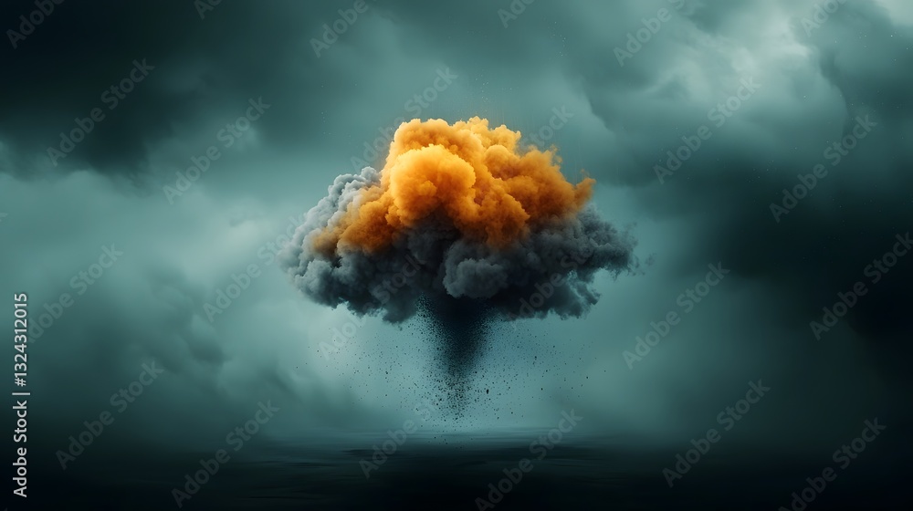 Poster ethereal cloudscape with wispy shapes and cascading rain droplets reflected in a mirror like inky bl