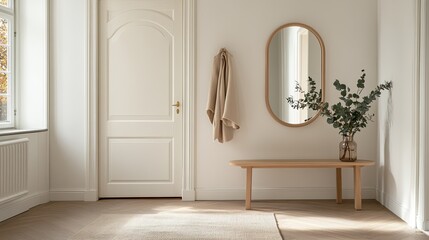Fototapeta premium Bright hallway features a round mirror, wooden coat rack, and eucalyptus plant beside a door, creating a welcoming atmosphere.
