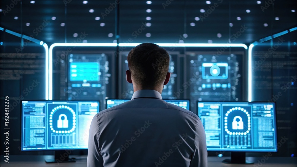Aufkleber cybersecurity data breach concept, professional monitoring in a tech security environment