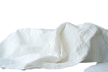 A serene morning with a neatly made bed adorned by a soft white quilt in a tranquil space isolated on transparent background