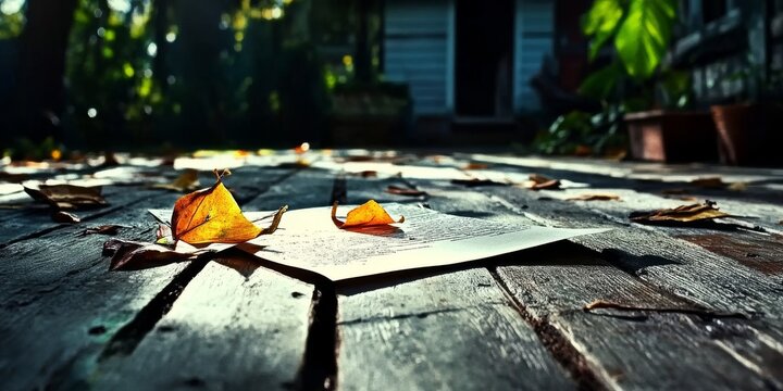 Clean bastel paper texture amidst scattered autumn leaves in a serene garden setting