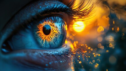 Reflecting a tranquil forest landscape at sunset, a close up of an eye illustrates the connection between vision, nature, healthcare and wellness principles.