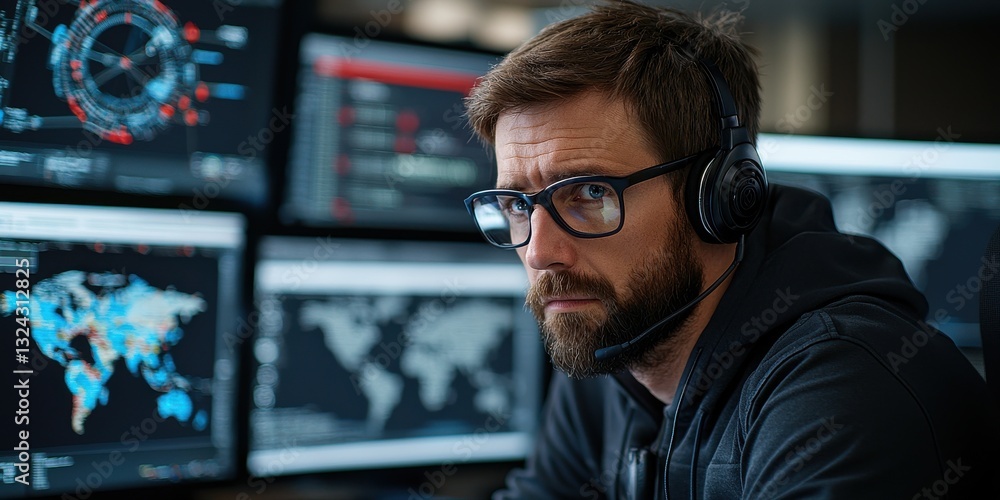 Poster focused professional monitoring multiple screens in a tech environment.