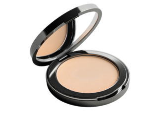 An ultra-realistic photograph of an open powder compact, featuring a light beige foundation inside. The compact is isolated on a transparent background