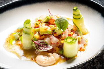 Fresh fish with colorful veggies makes a stunning dish, showcasing culinary creativity