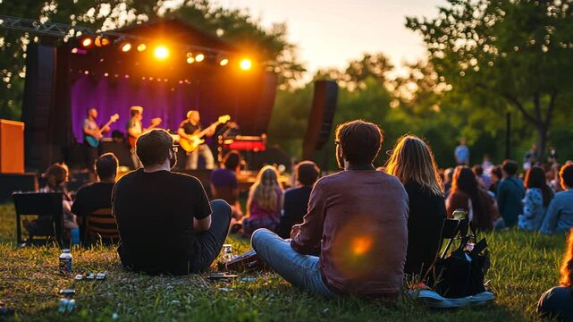 People enjoying a live music concert in a park during sunset, golden hour, outdoor event