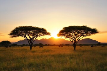 Obraz premium African savanna sunset with acacia trees and grazing animals.