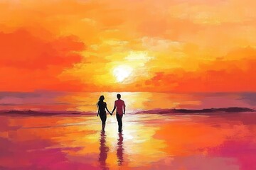 Fototapeta premium Couple walking hand in hand on the beach at sunset with vibrant orange and pink sky