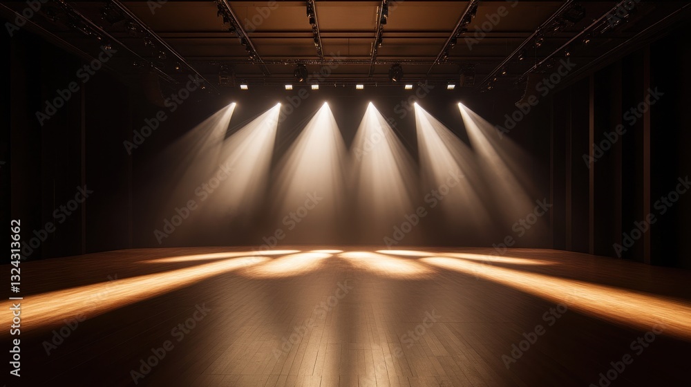 Poster dramatic theater stage with illuminated spotlights creating dynamic lighting effect