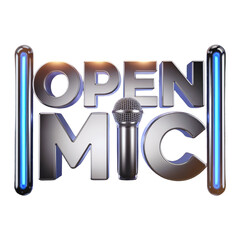 Shiny 3D inscription "Open Mic" with microphone - ideal for concerts and parties.