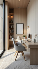 Fototapeta premium A modern workspace with an acoustic panel wall and a desk setup.