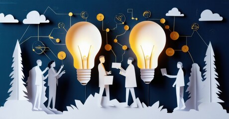 Paper cutout of office workers exchanging light bulbs deep navy and warm gold symbolizing sharing ideas and professional creativity