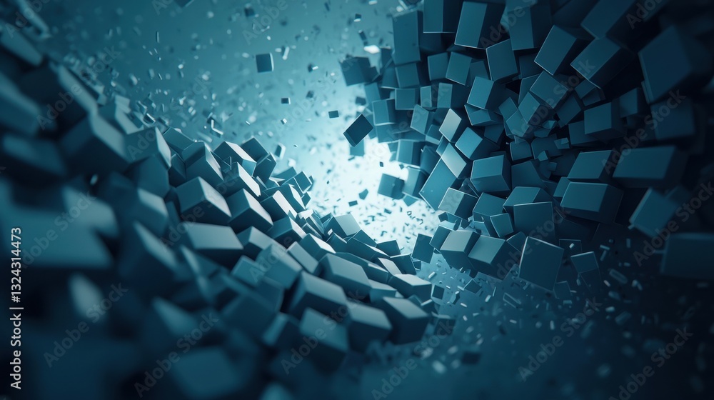 Poster cybersecurity data breach concept, abstract design with floating blue cubes.