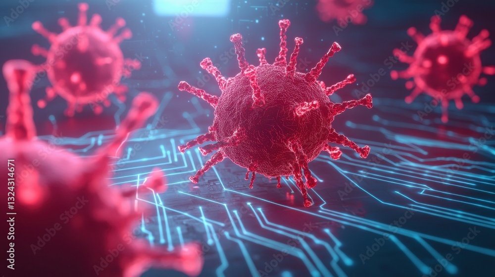 Poster cybersecurity data breach concept, microscopic view of virus on digital circuit background.
