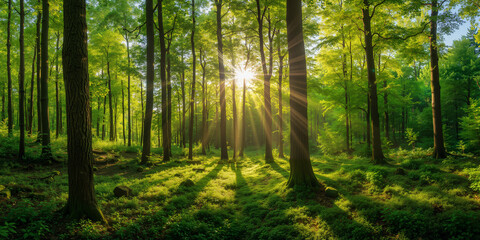 Obraz premium Sunlight Filtering Through Trees in Lush Green Forest