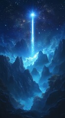 Obraz premium a bright light shines down from the starry night sky over misty mountains.