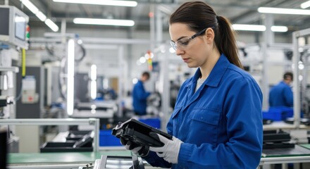 Female factory worker in uniform and safety glasses inspecting parts on an assembly line. Industrial manufacturing and quality control concept.