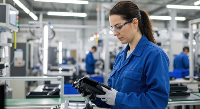 Female factory worker in uniform and safety glasses inspecting parts on an assembly line. Industrial manufacturing and quality control concept.