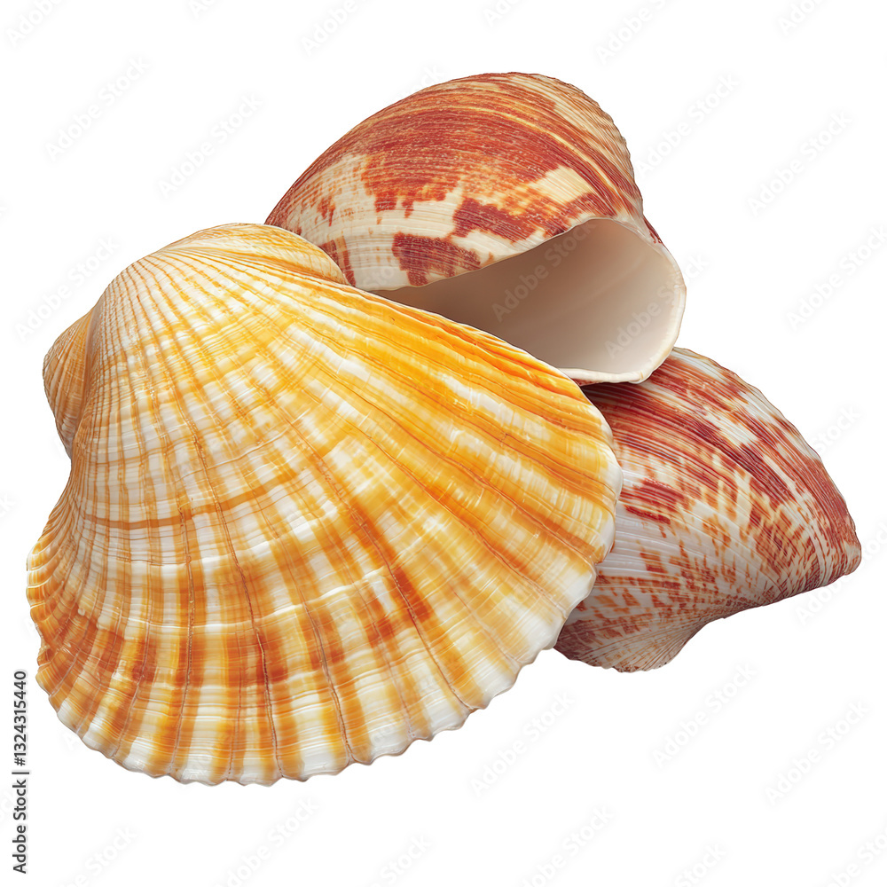 Poster two beautiful seashells resting on a sandy shore with gentle waves lapping in the background under a