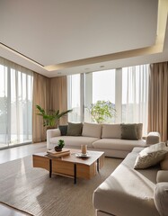 Fototapeta premium A modern living room featuring minimalist furniture, a neutral color palette, and large windows letting in abundant natural light. The clean lines, plush sofa, and carefully chosen decor elements