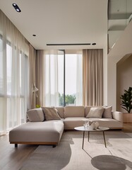 A modern living room featuring minimalist furniture, a neutral color palette, and large windows letting in abundant natural light. The clean lines, plush sofa, and carefully chosen decor elements
