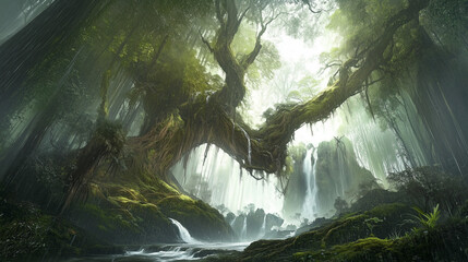 Lush Rainforest Waterfall Surrounded by Vibrant Green Foliage