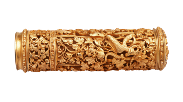 A cylindrical gold object intricately design isolated on white background