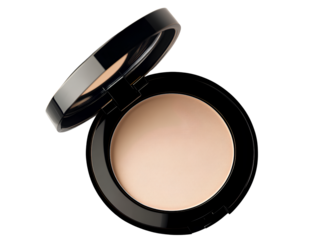 An ultra-realistic photograph of an open powder compact, featuring a light beige foundation inside. The compact is isolated on a transparent background