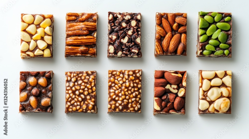 Poster an array of nuts displayed in squares emphasizing the creation of nutritious snack bars for a health