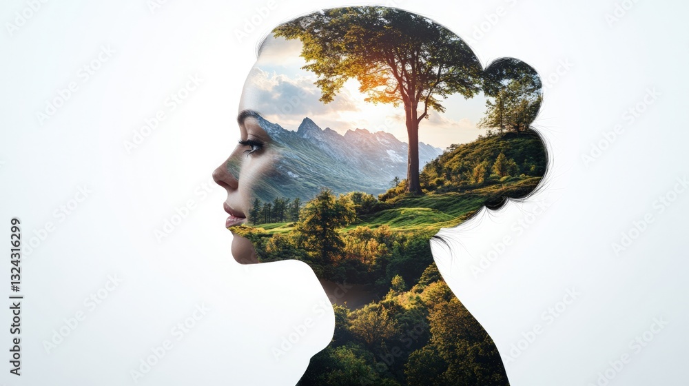 Aufkleber beautiful double exposure portrait of a woman's face integrated with a lush tree centered in the com