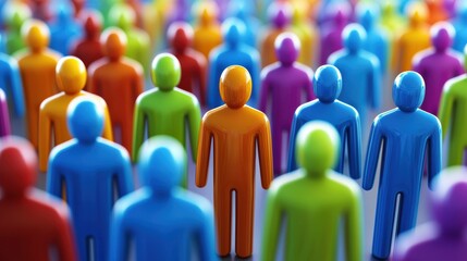 Colorful figures representing diversity and engagement in crowd, highlighting individuality and teamwork. This symbolizes importance of collaboration and employee involvement