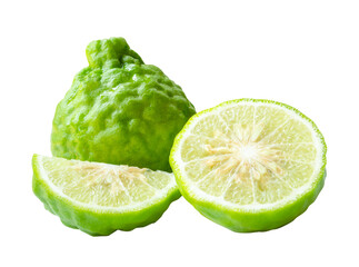 Side view of fresh green bergamot fruit or kaffir lime with half and slice or quarter in stack...