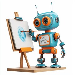 Cute robot artist painting on a tiny canvas, isolated on clear white background