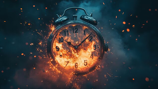 An explosion of time, a clock exploding with fire and sparks flying around it.