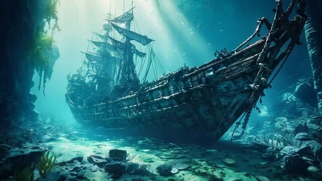 Shipwreck underwater in sea, derelict wreck of old sailing ship under water, concept of pirate, undersea