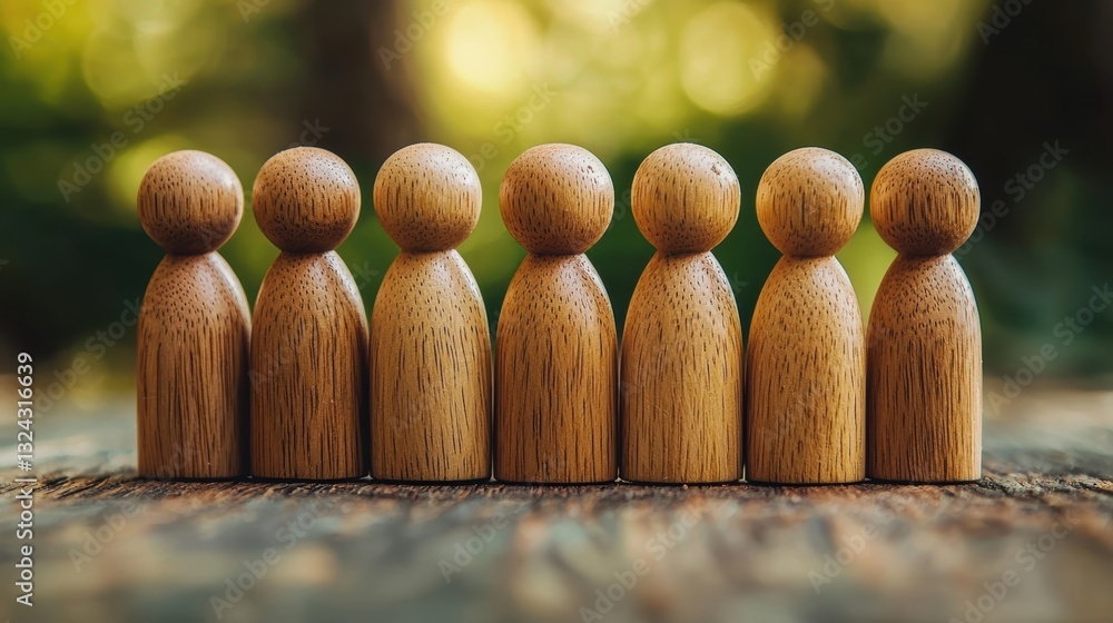 Poster wooden figures representing teamwork and collaboration in natural setting. warm tones and soft focus