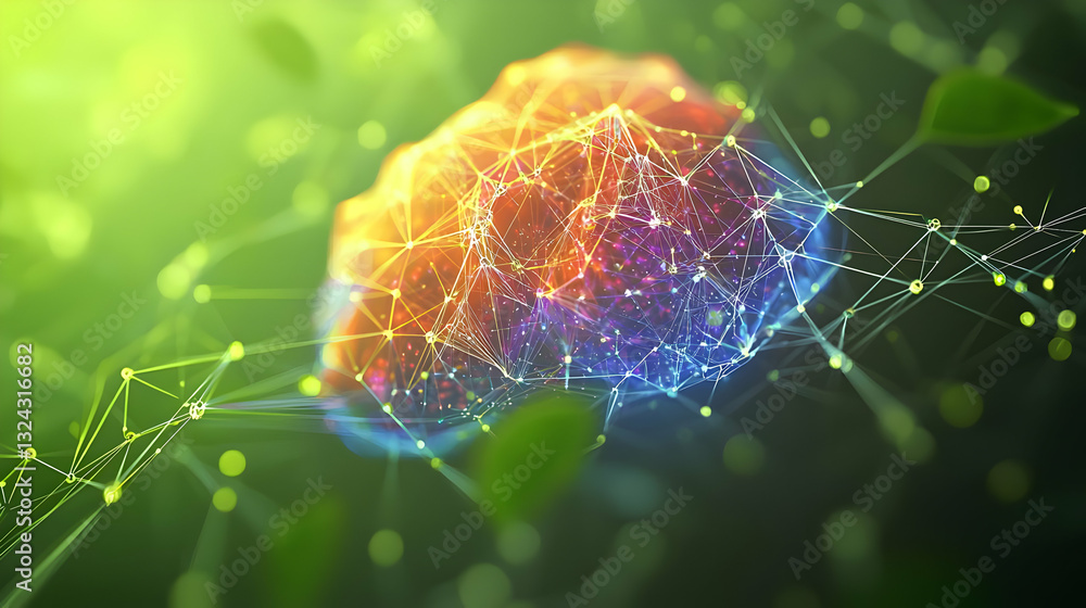 Aufkleber abstract visualization of a glowing cellular structure with network connections and green foliage ag