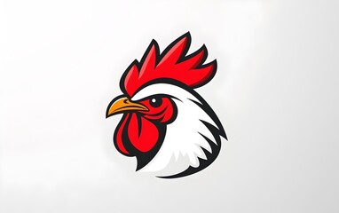 Rooster Logo Design: A vibrant rooster head logo with striking red, white, and yellow hues, perfectly embodying farm-fresh imagery, and suitability for various culinary brands.