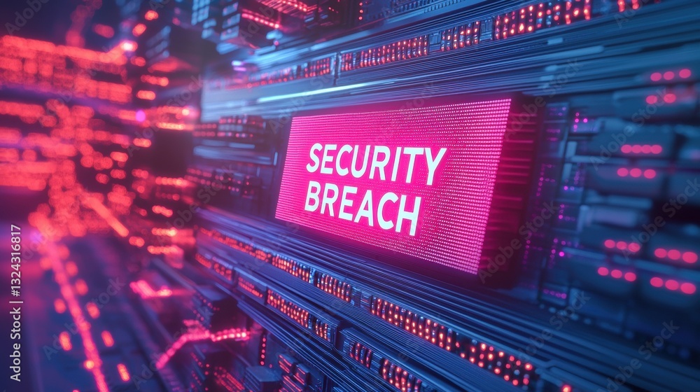 Poster cybersecurity data breach concept, digital display indicating a security breach alert.