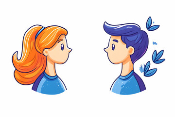 Cute cartoon profile view of a girl and boy
