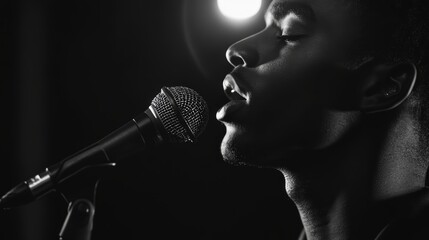 singer demonstrating vocal clarity in studio, showcasing passion and focus. dramatic lighting enhances emotional expression of performance