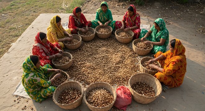 Women working together harvesting brown nuts in baskets rural setting asia food crop seeds labor