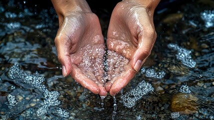 Fototapeta premium Hands cupped in water, catching sparkling droplets, creating a serene and tranquil moment in nature.