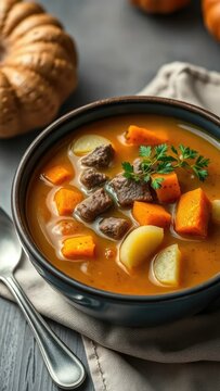 A bowl of warm parmentier made with beef, roasted pumpkin, and boiled potatoes, comfort, soup
