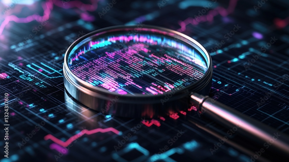 Poster magnifying glass resting on digital circuit board highlighting data analysis and technology insight 