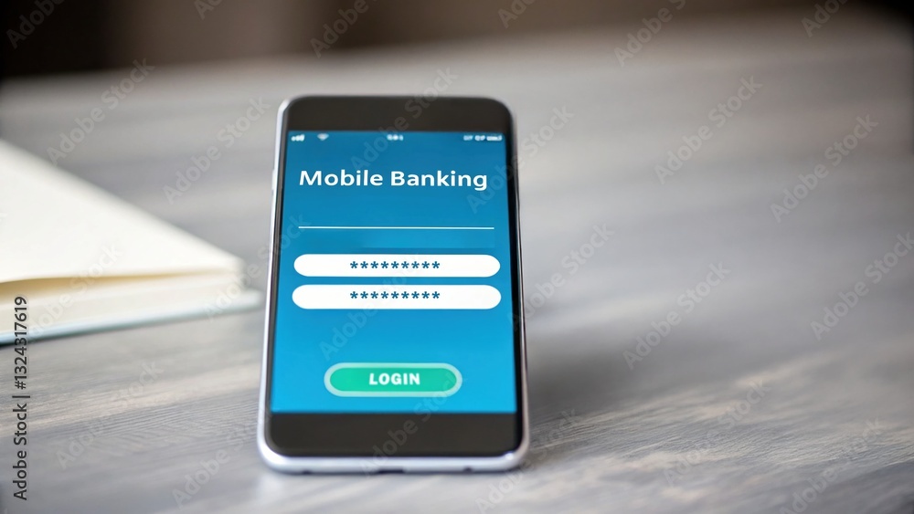Poster cybersecurity data breach concept, mobile banking application on a smartphone screen.